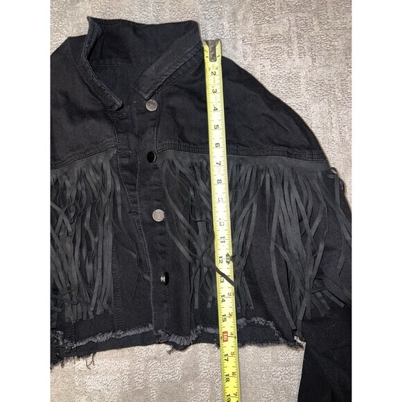Black Denim Cropped Jacket Fringed Western Style Long Sleeve‎ - Picture 5 of 7